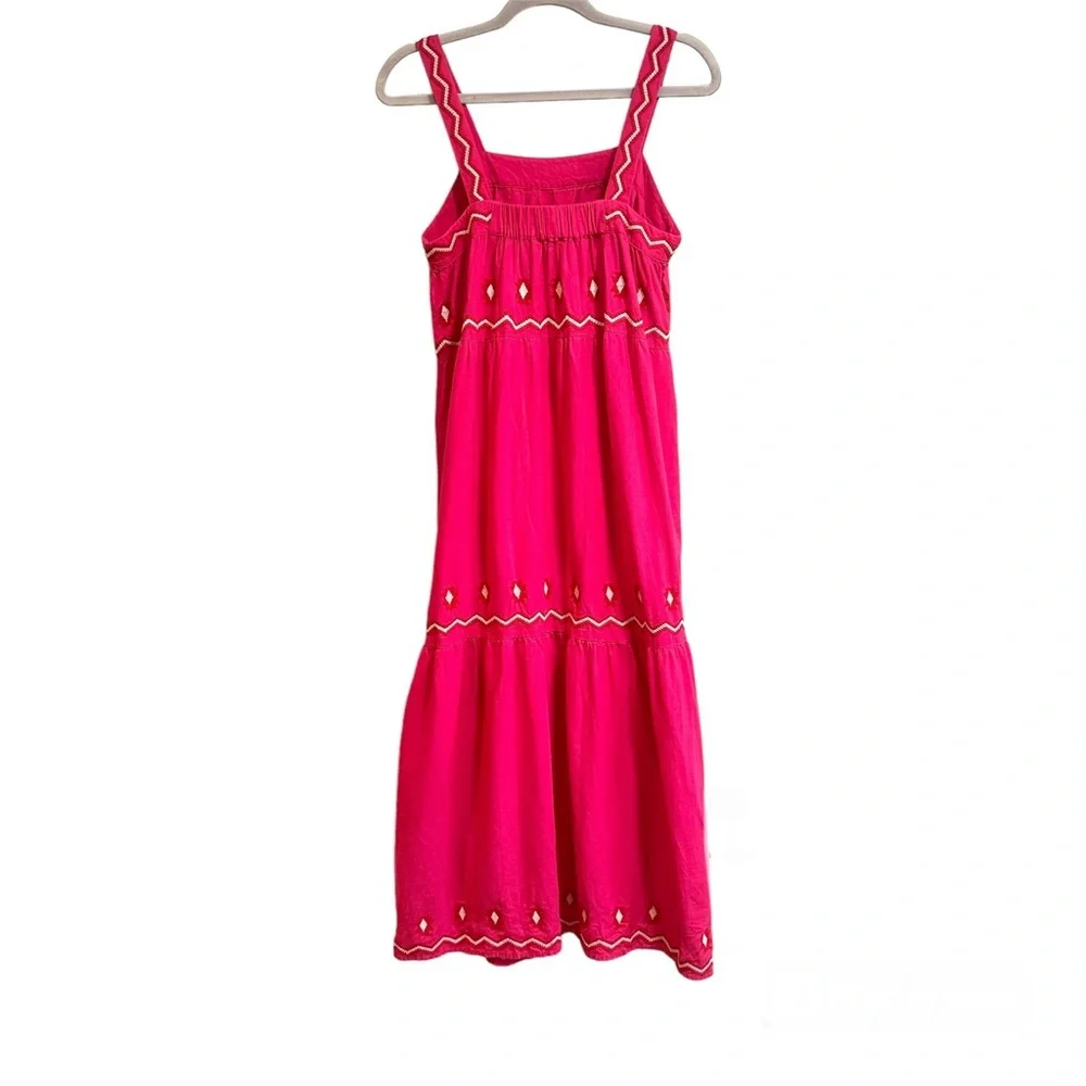 Loft Embroidered Linen blend Boho tiered bright Pink Midi Dress, size small